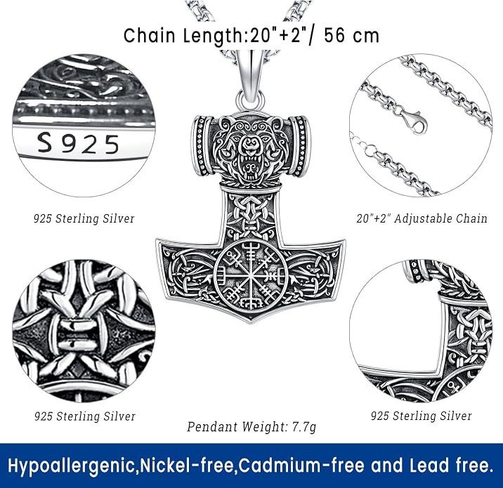 Eusense Viking Necklace for Men Women 925 Sterling Silver Pendant Thors Hammer/Norse Runes/Odin's Ravens/Wolf/Dragon/Snake/Yggdrasil/Freya/Helm of Awe/Valknut/Triskelion/Axe/Shield Viking Jewelry