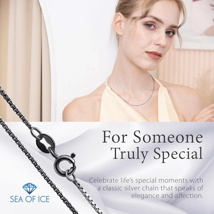 SEA OF ICE Chain Necklace 925 Sterling Silver with Ring Clasp Closure, Italian Box Necklace Chain Necklace for Women & Men, Available in Gold, Rose Gold, Silver, and Black Rhodium, Multisize