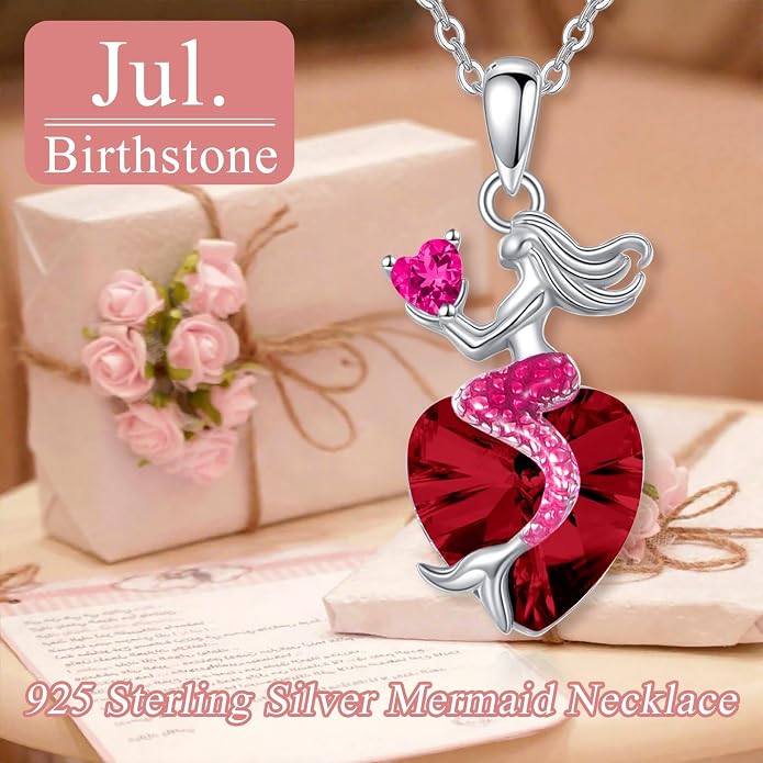 Mermaid Birthstone Necklace for Women 925 Sterling Silver Jewelry Austrian Crystal Pendant Christmas Gifts for Her