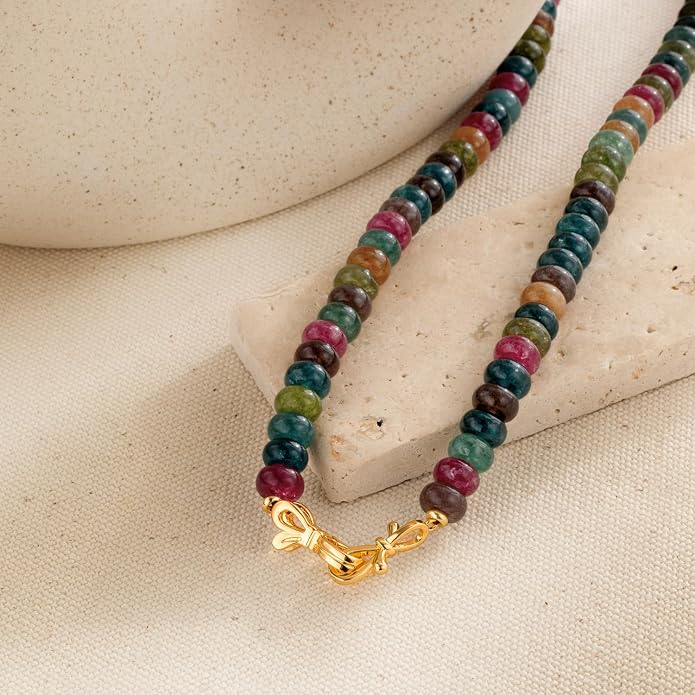 NLIEO Rainbow Colorful Gemstone Beaded Choker Necklace for Women 14K Gold Bow Birthstone Beads Chokers 18inches