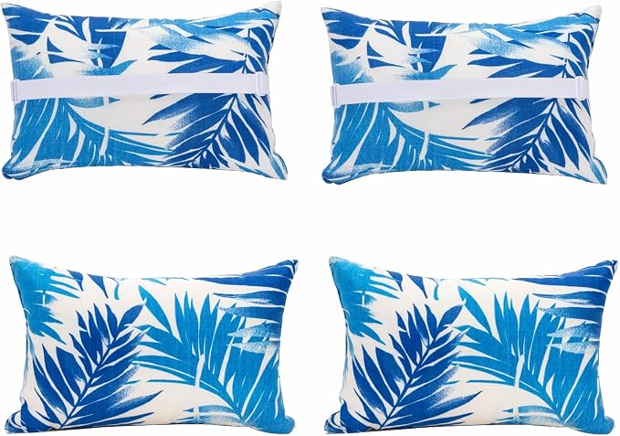 JMGBird Outside Pillows Blue Outdoor Pillows with Adjustable Straps | 10x16 Waterproof Outdoor Pillow covers with insert 4 Throw Pillows Headrest Cushions for Pool Patio Beach Chair