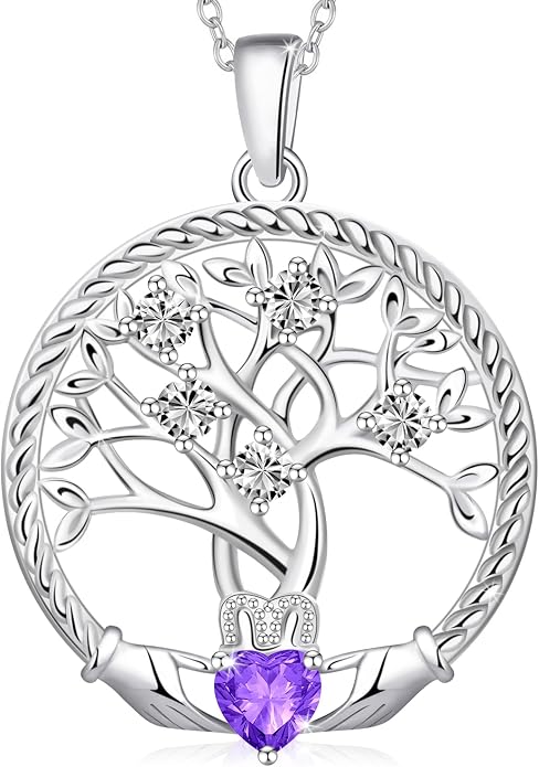 Birthstone Tree of Life Necklace for Women, 925 Sterling Silver Family Tree Pendant, Dainty Jewelry Birthday Mother's Day Valentine's Day Gifts for Her Mom Wife, 18"+2" Adjustable