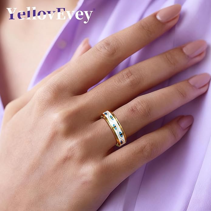 Evil Eye Fidget Ring for Women - Anxiety Relief Spinner Jewelry,18K Gold Plated Stainless Steel Turkish Ojo Turco Protection Rings Gift for Adults