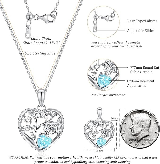 Tree of Life Birthstone Necklace Birthday Gifts 925 Sterling Silver Heart Pendant Birthstone Necklaces for Women Personalized 2 Gemstone Anniversary Graduation Gifts for Her Wife Mom