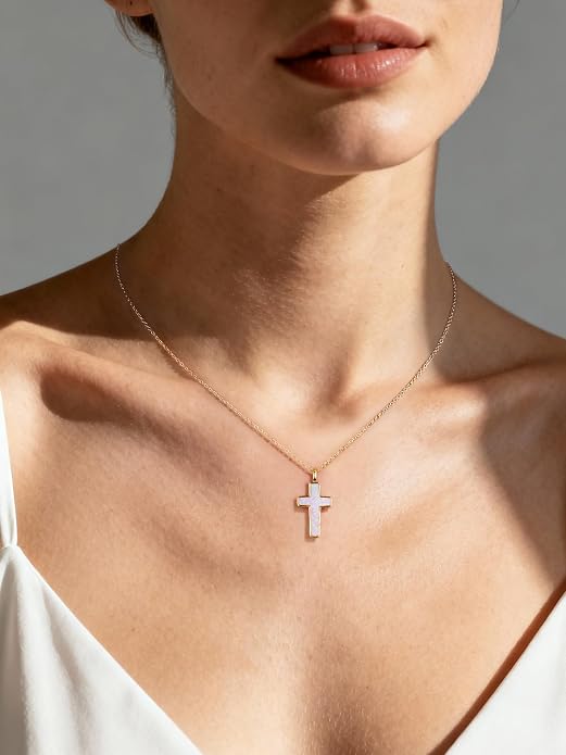 NORBU S925 Opal Cross Necklace for Women, Sterling Silver Opal Gemstone Womens Cross Necklaces, Cross Pendant with 5A Cubic Zirconia, Women's October Birthstone Jewelry Gifts for Birthday, Anniversary, Christmas