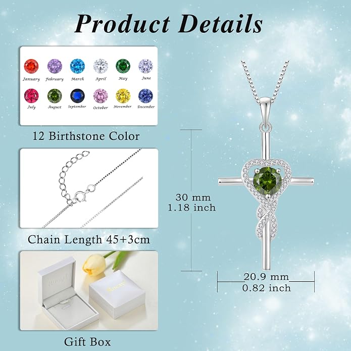 Cross Necklace for Women 925 Sterling Silver Infinity Birthstone Pendant Necklace Religious Christian Jewelry Gifts Wife Mom Her