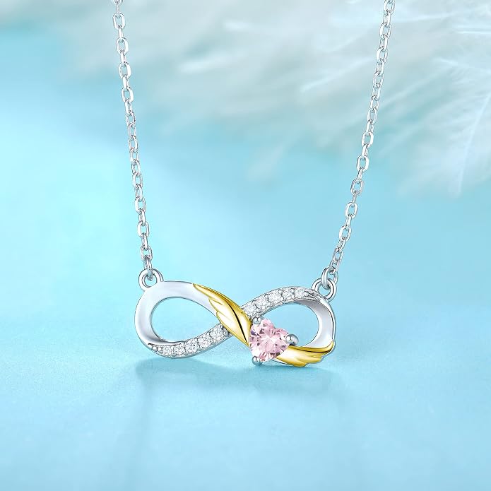 STARCHENIE Infinity Necklace 925 Sterling Silver Angel Wings Heart Birthstone Necklace for Women