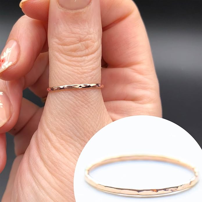 Ellie J Maui Hammered Ring, 1mm Thin Stacking Rings, Minimalist Rings for Women, 14K Gold Filled Rings for Teen Girls Midi Knuckle Pinky Finger Jewerly (Size 3-11)