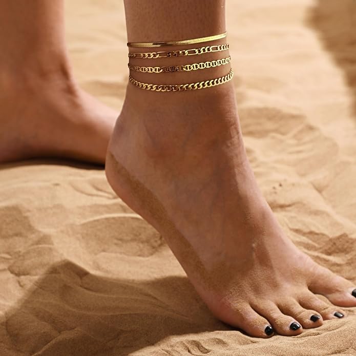Rotnso Anklets for Women 14K Gold Silver Plated Ankle Bracelets Trendy Waterproof Boho Anklets Set Adjustable Dainty Cute Diamond Beaded Heart Non Tarnish Summer Beach Jewelry Gift