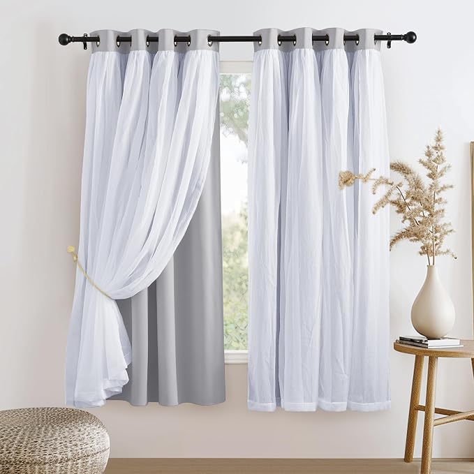 PONY DANCE Blackout Curtains Sheer Overlay - Decorative Window Drapes with Grommet Mix & Match for Bedroom, 52 x 63 in, Silver Grey, 2 Pieces