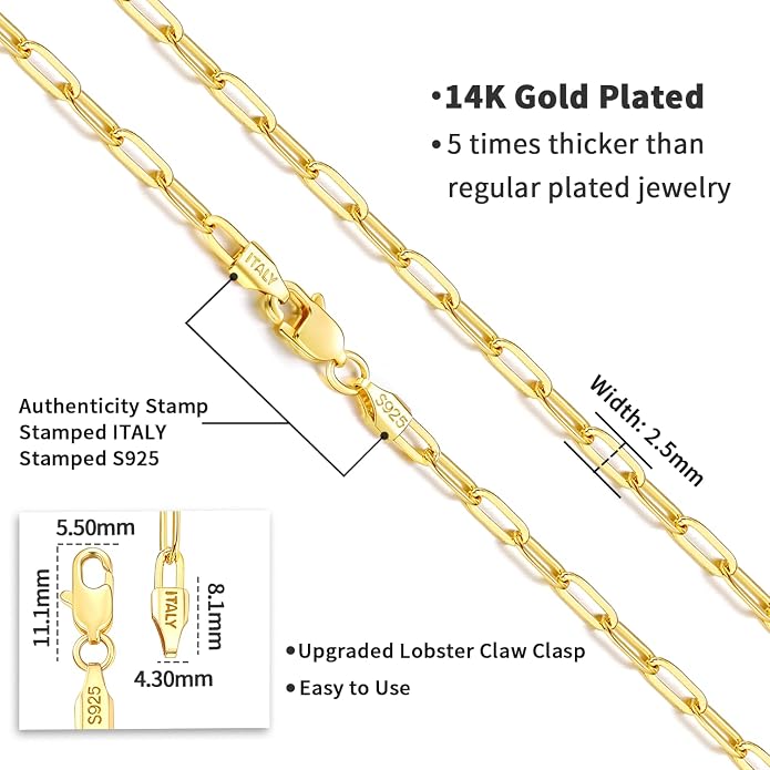 Jewlpire 14K Gold Plated 925 Sterling Silver Paperclip Chain Necklace for Women, 2.5mm 3mm Necklace for Women, Comfortable Women's Chain Necklaces 16 18 20 22 24 26 Inch