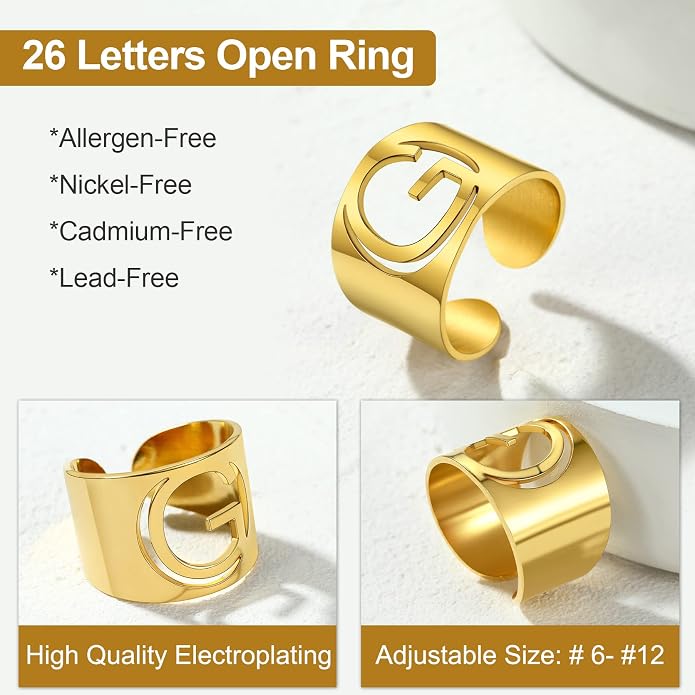 KeyStyle Bold Initial Letter Rings Adjustable, GoldChic Jewelry Women Gold Statement Ring Personalized Engraved Women’s Open Signet Ring for Party (Gold, White Gold, Black)