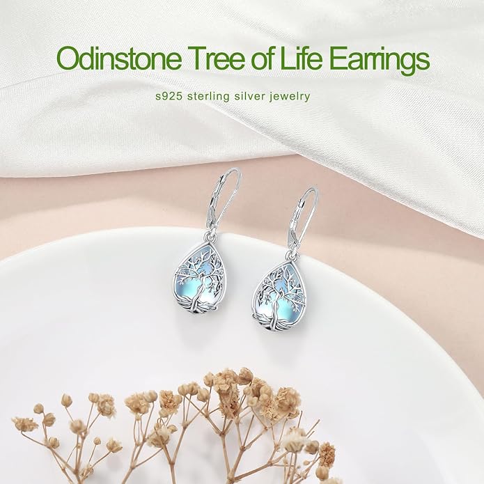 Odinstone 925 Sterling Silver Earrings Tree of Life Teardrop Moonstone Dangle Drop Leverback Earrings for Women