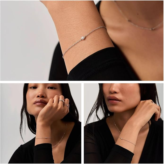 NOKMIT Solid 925 Sterling Silver Bracelets for Women, Dainty Interlocking Circles Cubic Zirconia Adjustable Chain Bracelet, Trendy Stackable Link Bracelets, Simple Cute Jewelry Gifts