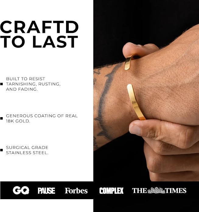 CRAFTD - Bangle Cuff Bracelet - Durable 18K Gold & 316L Stainless Steel - Waterproof, Heat & Sweat Resistant - Gifts for Men - Men's Jewelry - Size 5mm