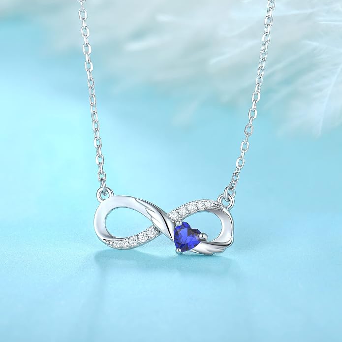 STARCHENIE Infinity Necklace 925 Sterling Silver Angel Wings Heart Birthstone Necklace for Women