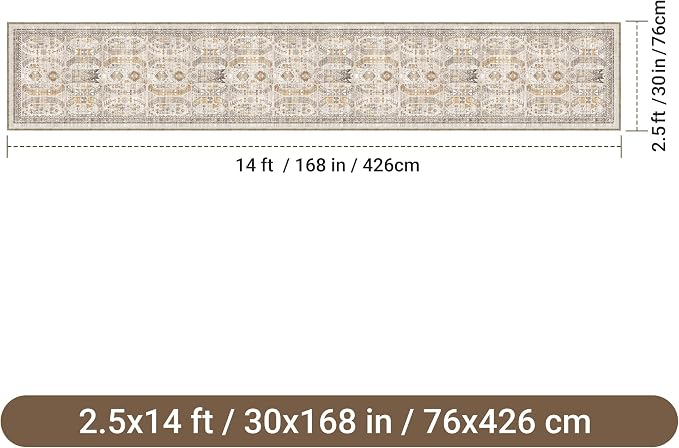 2'6" x 14'Non Slip Runner Rugs - Runners for hallways, Kitchen,Entryway,Stain Resistant Washable Rugs for Bedroom, Indoor Vintage Area Rugs (Brown/Gold, 2'6" x 14')