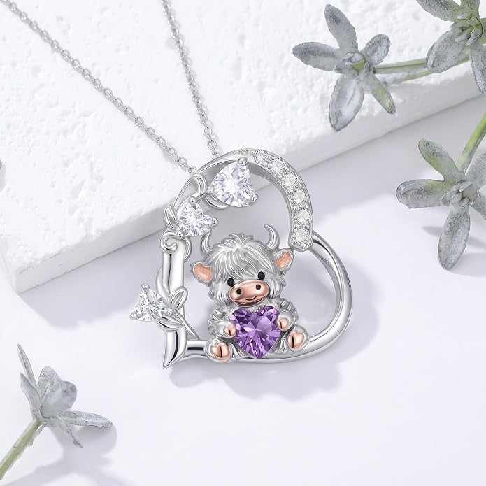 PELOVNY Teddy Bear Necklace for Women 925 Sterling Silver Bear/Highland Cow/Fox/Cat/Axolotl Birthstone Necklace Christmas Birthday Jewelry Gifts for Mom Daughter Wife Sister