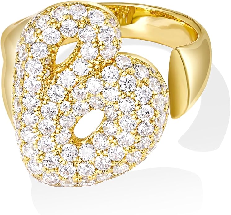 KissYan Bubble Initial Ring for Women, 14K Gold Plate Balloon Jumbo Letter Rings Open Adjustable Dainty Pave CZ Personalized Fashion Jewelry Gift for Mother's Day