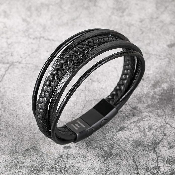 murtoo Mens Leather Bracelet with Clasp Cowhide Multi-Layer Braided Leather Mens Bracelet