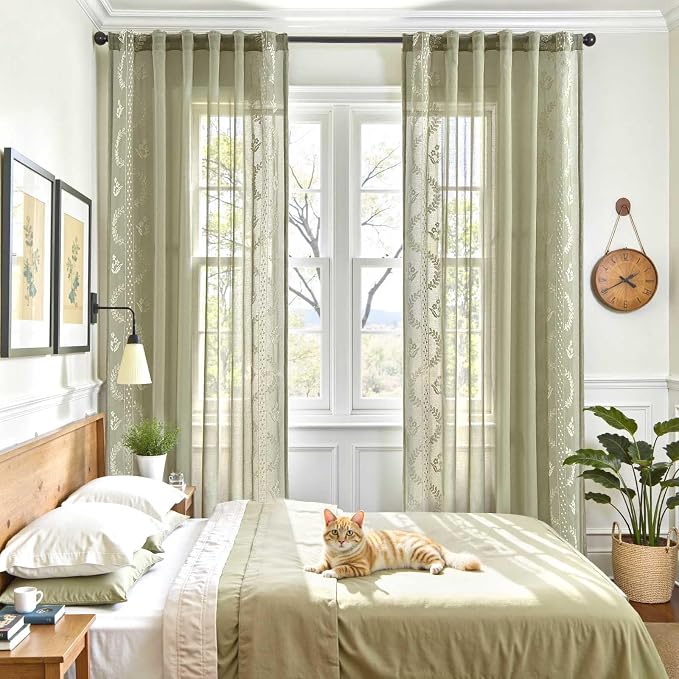 jinchan Belrose Sage Green Floral Sheer Curtains for Living Room 96 Inch Long Voile Embroidered Farmhouse Curtains for Bedroom Ivory Flower Patterned Rod Pocket Window Treatments, 2 Panels Green