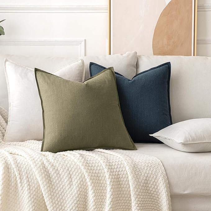 MIULEE Decorative Linen Pillow Covers 16x16 Inch Light Olive Green | Boho Farmhouse Neutral Couch Throw Pillows for Bed, Pack of 2 Accent Modern Pillowcases, Sofa Livingroom Home Decor