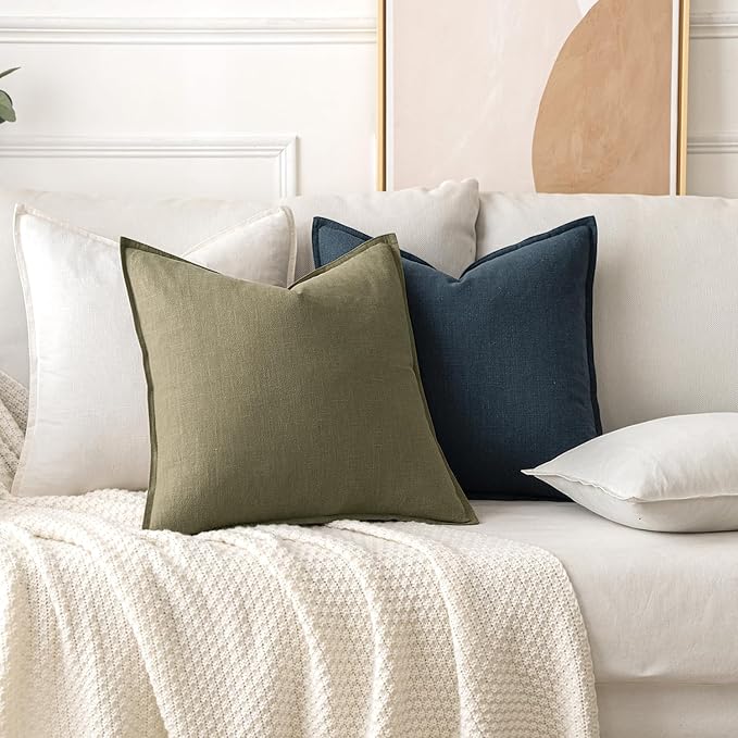 MIULEE Decorative Linen Pillow Covers 18x18 Inch Light Olive Green | Boho Farmhouse Neutral Couch Throw Pillows for Bed, Pack of 2 Accent Modern Pillowcases, Sofa Livingroom Home Decor