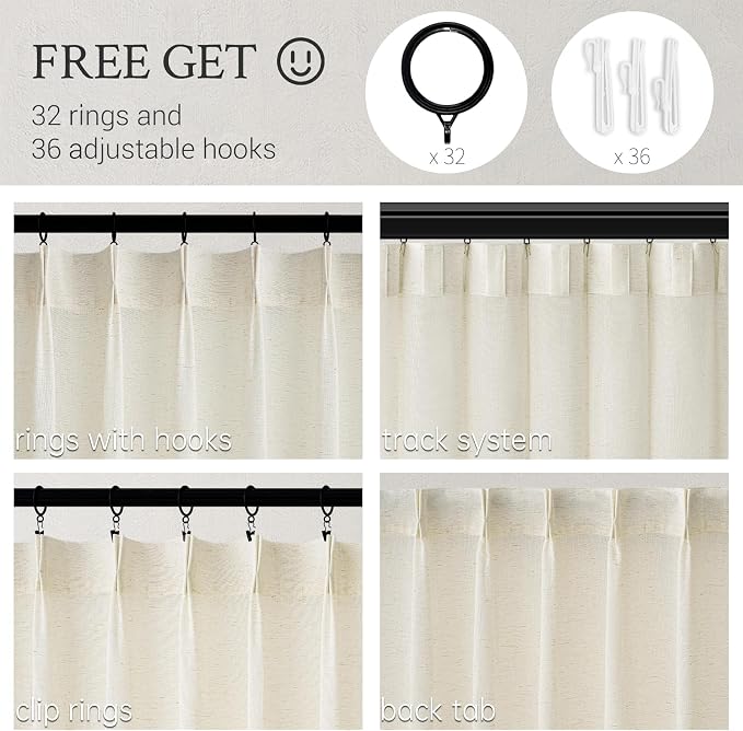 Topfinel 105 Inch Curtains 2 Panels Set,Two Packs Pinch Pleat Back Tab Linen Window Semi Sheer Privacy Thick Decorative Curtain Drapes for Living Room Bedroom,72x105 in Long,Ivory/Off White