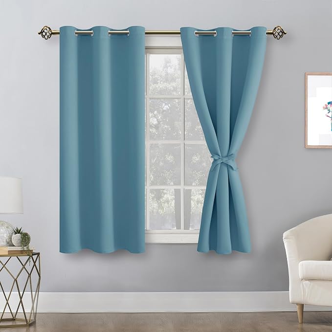 Hiasan Blackout Curtains for Bedroom - Thermal Insulated & Energy Saving Window Curtains for Living Room, 2 Drape Panels Sewn with Tiebacks, Stone Blue, 42 x 54 Inch