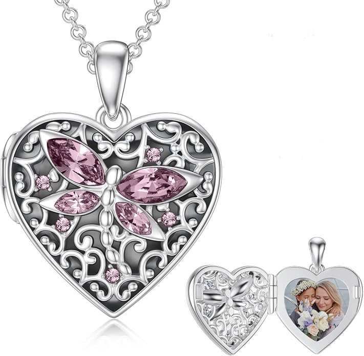 Dorunmo Personalized Locket Necklace 925 Sterling Silver that Holds Pictures Butterfly Birthstone Photo Heart Locket Custom Jewelry Congratulations New Beginnings New Job Gifts for Women