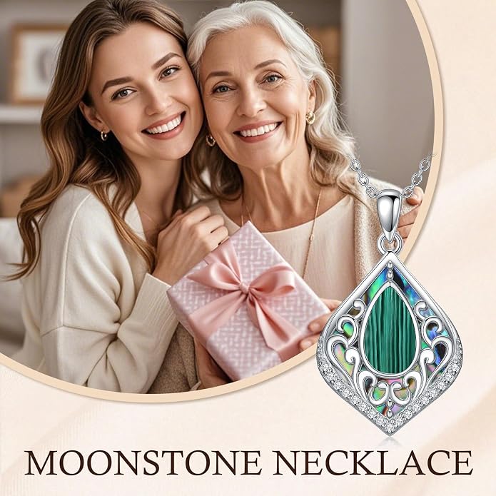 HPQQ Filigree Gemstone Necklace 925 Sterling Silver Teardrop Bohemian Necklace Abalone Shell Jewelry Birthday Gifts for Women