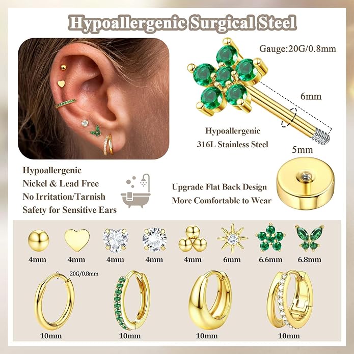 Jstyle Hypoallergenic 14K Gold Plated Stud Hoop Earrings for Women Men Surgical Stainless Steel Flat Back Earrings Small Huggie Hoops Cartilage Earring Set for Multiple Piercing Jewelry Gift for Women