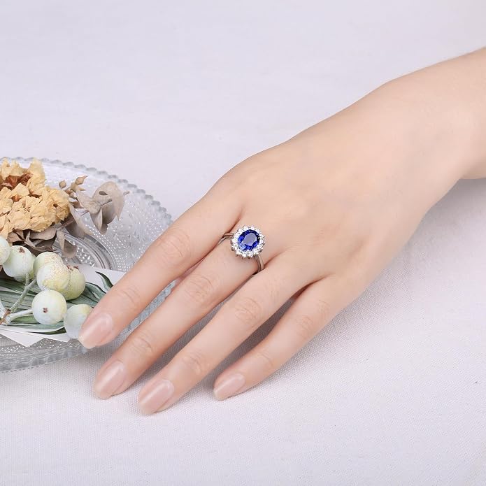 JewelryPalace Princess Diana Kate Middleton Class Gemstone Birthstone Sapphire Halo Engagement Rings for Women, Anniversary 14K White Yellow Rose Gold Plated 925 Sterling Silver Promise Rings for Her