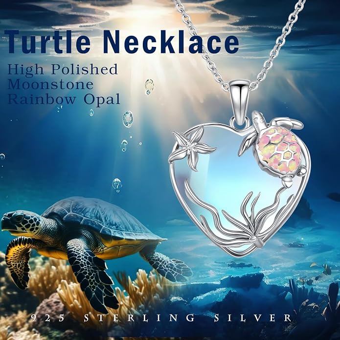 Sea Turtle/Seaweed Necklace for Women 925 Sterling Silver Heart of the Ocean Moonstone Pendant Necklace Turtle Moonstone Jewelry Gift for Wife Mom