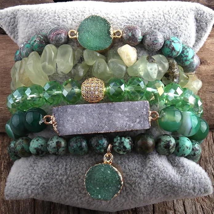 Yomisa 5PCS 6PCS Natural Boho Beaded Bracelets/Bangle for Women Men,Healing Turquoise Jasper Agate Crystal Gemstone Stone Chakra Multilayer Wrap Bohemian Handmade Jewelry Beads Stretch Bracelet Set