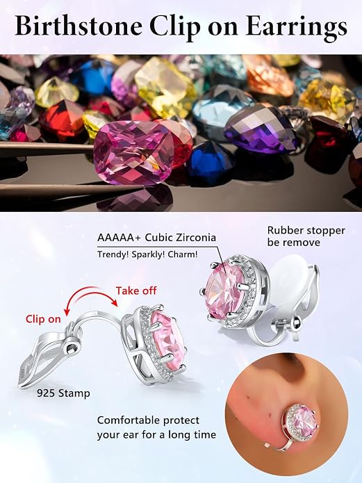 Silvora 925 Silver 8MM Cubic Zirconia Birthstone Clip On Stud Earrings Round Non Pierced Earrings For Women,Come with Box