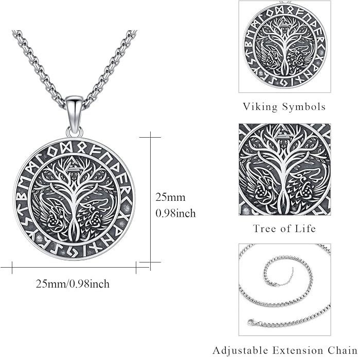 Viking Necklace for Men 925 Sterling Silver Rune Amulet Pendant Nordic Necklace Viking Jewelry Gift for Father Husband Son
