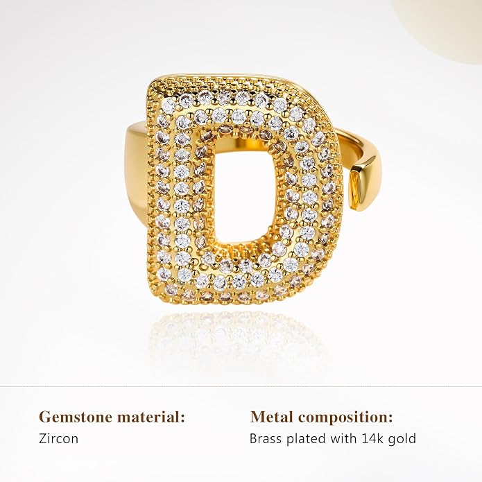 Cicy Bell Initial Rings for Women 14k Gold Plated Cubic Zirconia Delicate Letter Chunky Statement Open Rings Gifts for Her