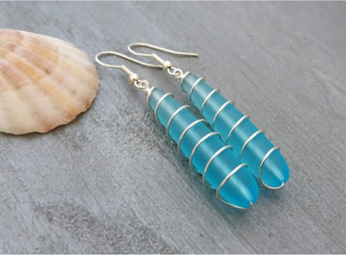 Handmade Sea Glass Earrings, Hawaiian Jewelry for Women, Long Teardrop Earrings Beach Jewelry, Sea Glass Jewelry For Women Birthday Gift For Her