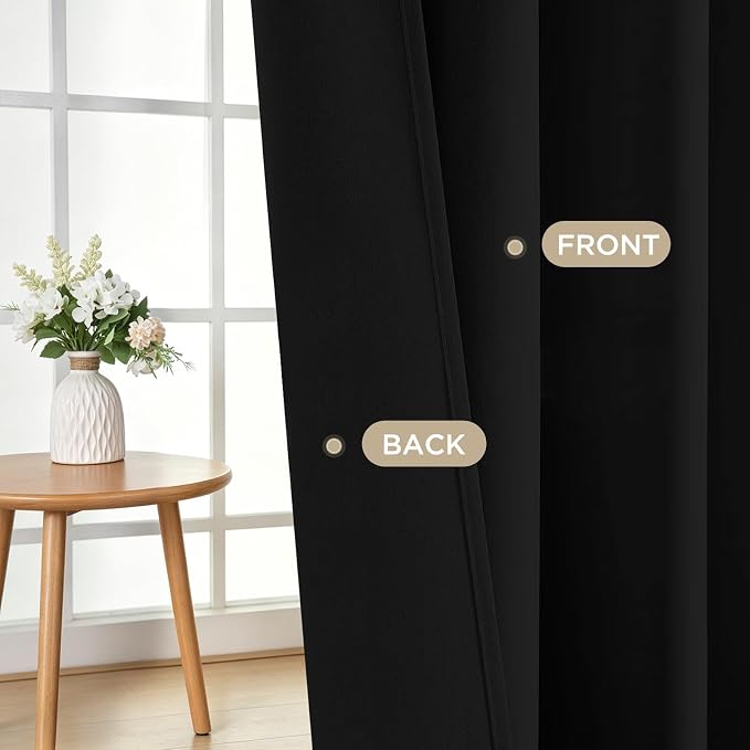 Joydeco 90 Inch Blackout Curtains for Bedroom, Thermal Insulated Black Out Curtains 2 Panels Set, Room Darkening Drapes for Living Room Window Rod Pocket Back Tab (W52 x L90 Inch, Black)