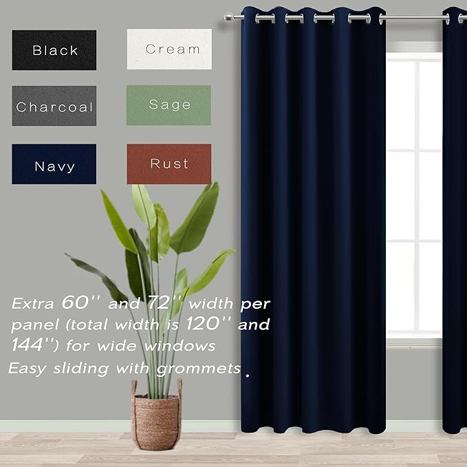 KOUFALL Navy Blue Extra Wide 100% Total Full Blackout Curtains for Kids Bedroom,2 Panels Set 60 Inch Wide Thermal Winter Curtains Insulated Sliding Glass Patio Door.60 Width by 84 Inches Long