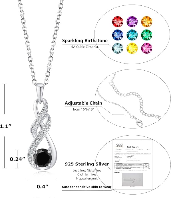 Birthstone Necklaces for Women 925 Sterling Silver Infinity Pendant Created Gemstone Jewelry for Her, 16"+2"