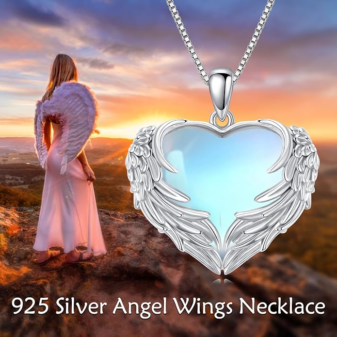 Angel Wings Necklace for Women 925 Sterling Silver Birthstone Guardian Necklace Jewelry Angel Wings Moonstone, Crystal Pendant Jewelry Gifts
