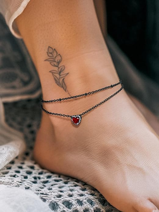Richsteel Double Layer Heart/Butterfly Birthstone Anklet for Women Non Tarnish Waterproof, Silver/Gold/Black Stainless Steel 8.5-10.5 Inch Adjustable Chain Anklets Jewelry Gifts for Her