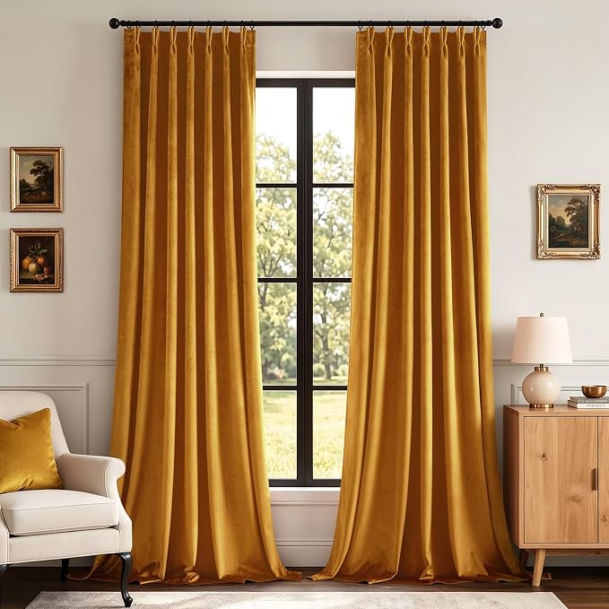 MIULEE Mustard Yellow Velvet Curtains 90 inches Long, Pinch Pleated Blackout Drapes with Hooks, Thermal Insulated Pinch Pleat Panels for Bedroom Living Room, 2 Panels