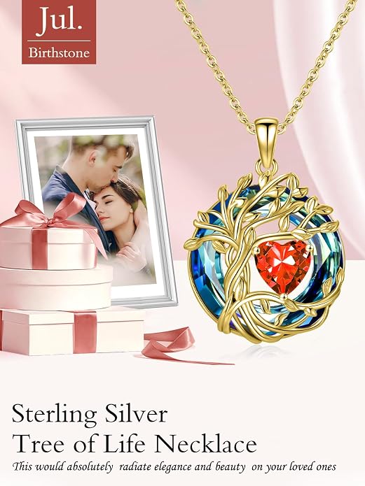 TOUPOP Tree of Life Birthstone Necklace Sterling Silver Pendant Birthstone Necklaces with Blue Crystal Anniversary Birthday Jewelry for Women Mom Wife Her