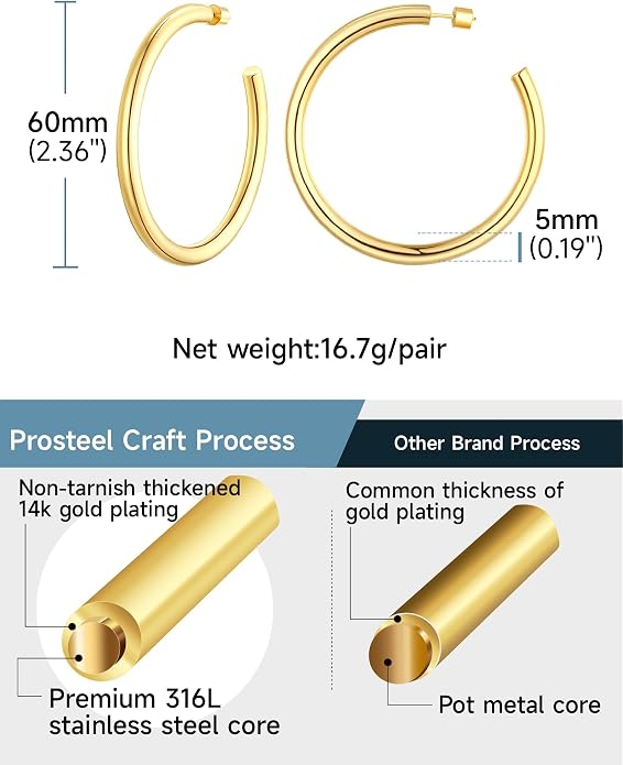 Stainless Steel Chunky Hoop Earrings For Women, Minimalist and Chic, Black/Gold Plated, Round Hoops Earrings Hypoallergenic, Size: 30mm/40mm/60mm/80mm, Come with Box