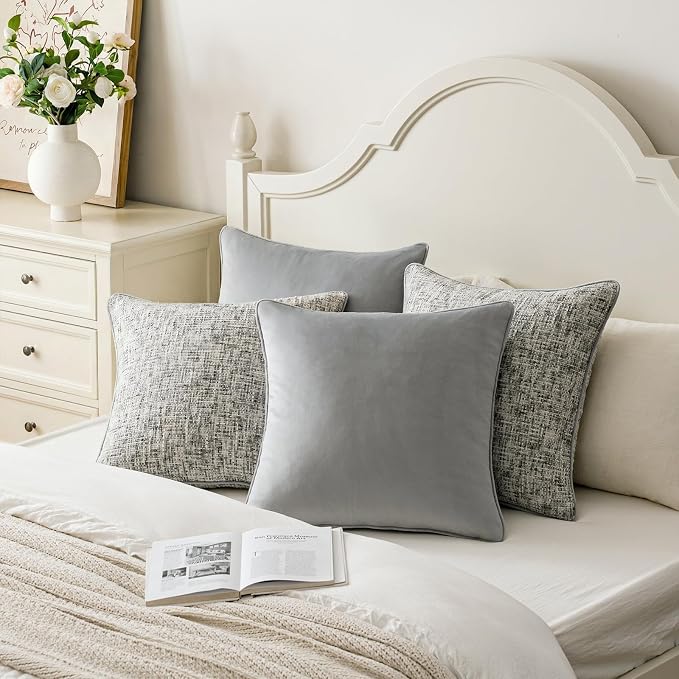 a moment Grey 4 Pack Throw Pillow Covers - Chenille & Velvet Set with Piping, Farmhouse Textured Design Pillow Cases for Couch Sofa Bed Livingroom (16x16 Inch, No Insert)