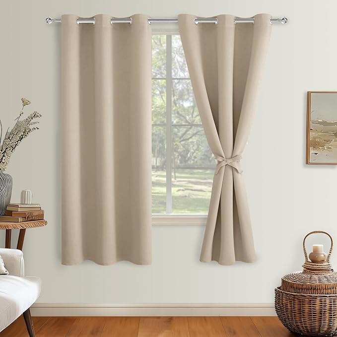 Hiasan Blackout Curtains for Bedroom, 42 x 63 Inches Length - Thermal Insulated & Light Blocking Window Curtains for Living Room, 2 Drape Panels Sewn with Tiebacks, Taupe
