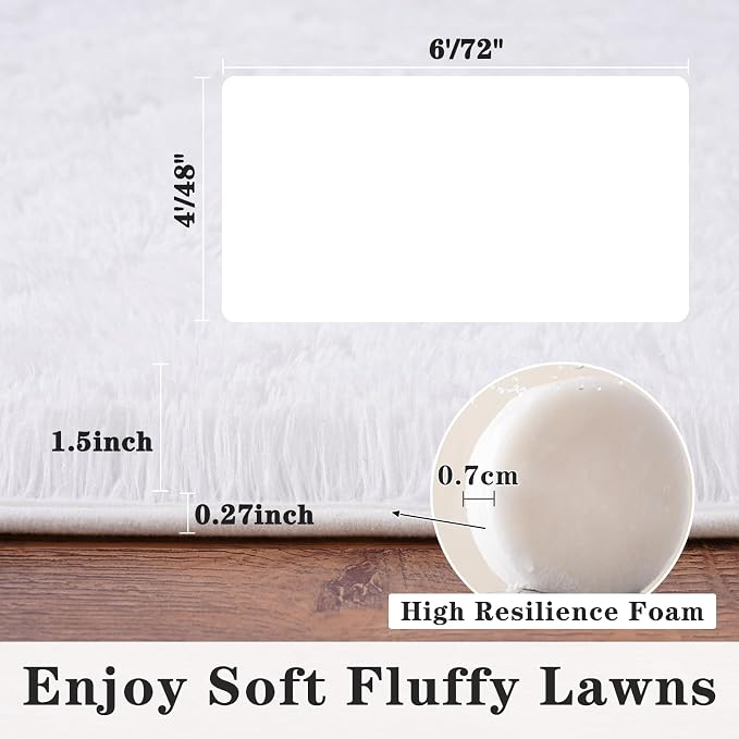 Dssimo White Fluffy Rugs for Bedroom 4x6 Soft Shag Carpet for Bedside | Plush Furry Non-Slip Cream Area Rug for Nursery Kids Room Dorm Room Home Decor, Indoor Plush Floor Carpet